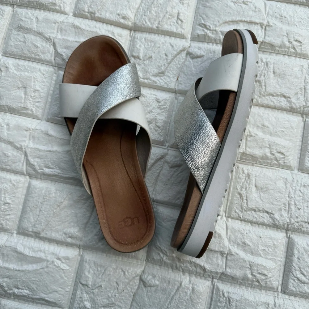 UGG Kari Silver and White Leather Cross-Strap Slide Sandals Size 8.5